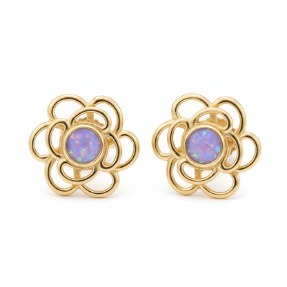 Gold open rose flower stud earrings with lavender opal memorial resin