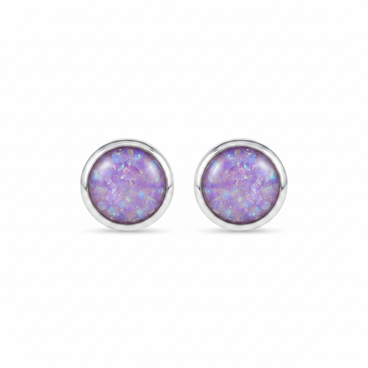Silver 925 round bezel memorial stud earrings — lavender purple opal flakes resin in solid back setting