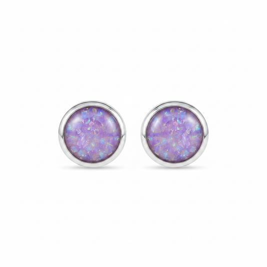 Silver 925 round bezel memorial stud earrings — lavender purple opal flakes resin in solid back setting