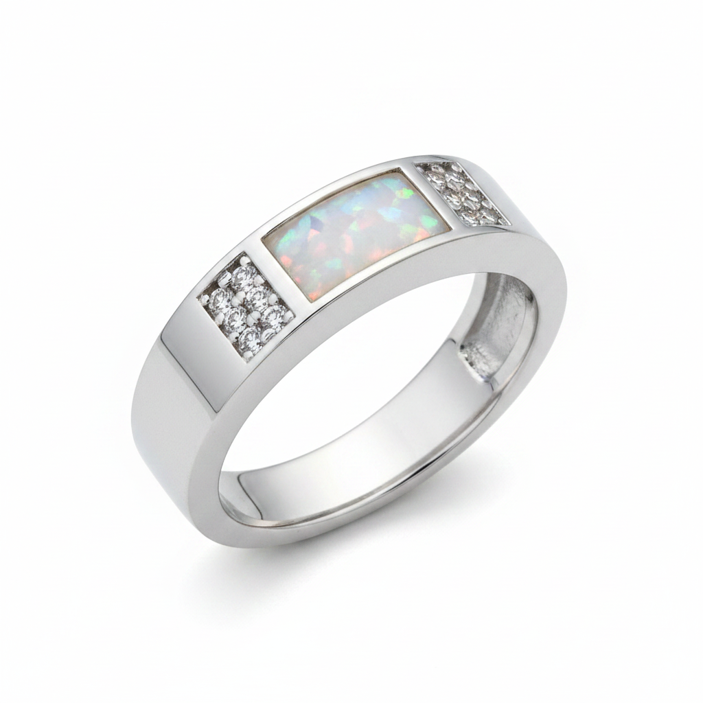 Silver 925 CZ band memorial ring — white pearl opal flakes resin in rectangular channel setting