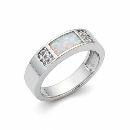 Silver 925 CZ band memorial ring — white pearl opal flakes resin in rectangular channel setting