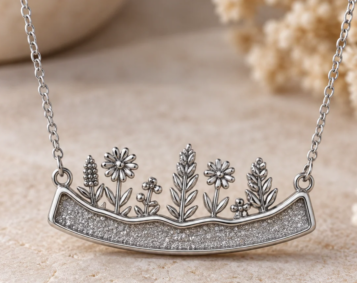 Wildflower meadow bar memorial pendant in stainless steel with sparkling resin inlay