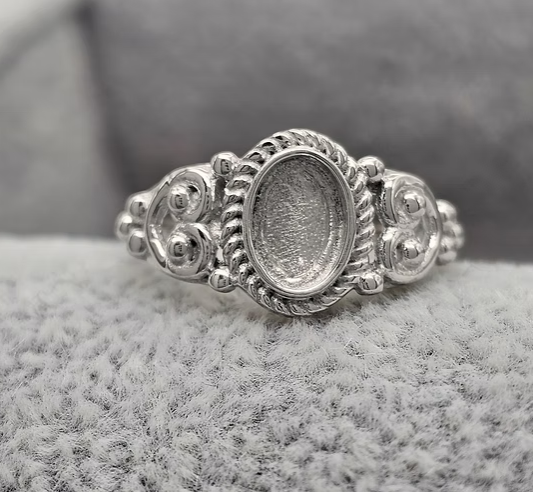 Filigree Bobble Oval Rope 925 Silver Ring | 6x5mm Resin Setting | Ashes, Hair & Fur Memorial Keepsake