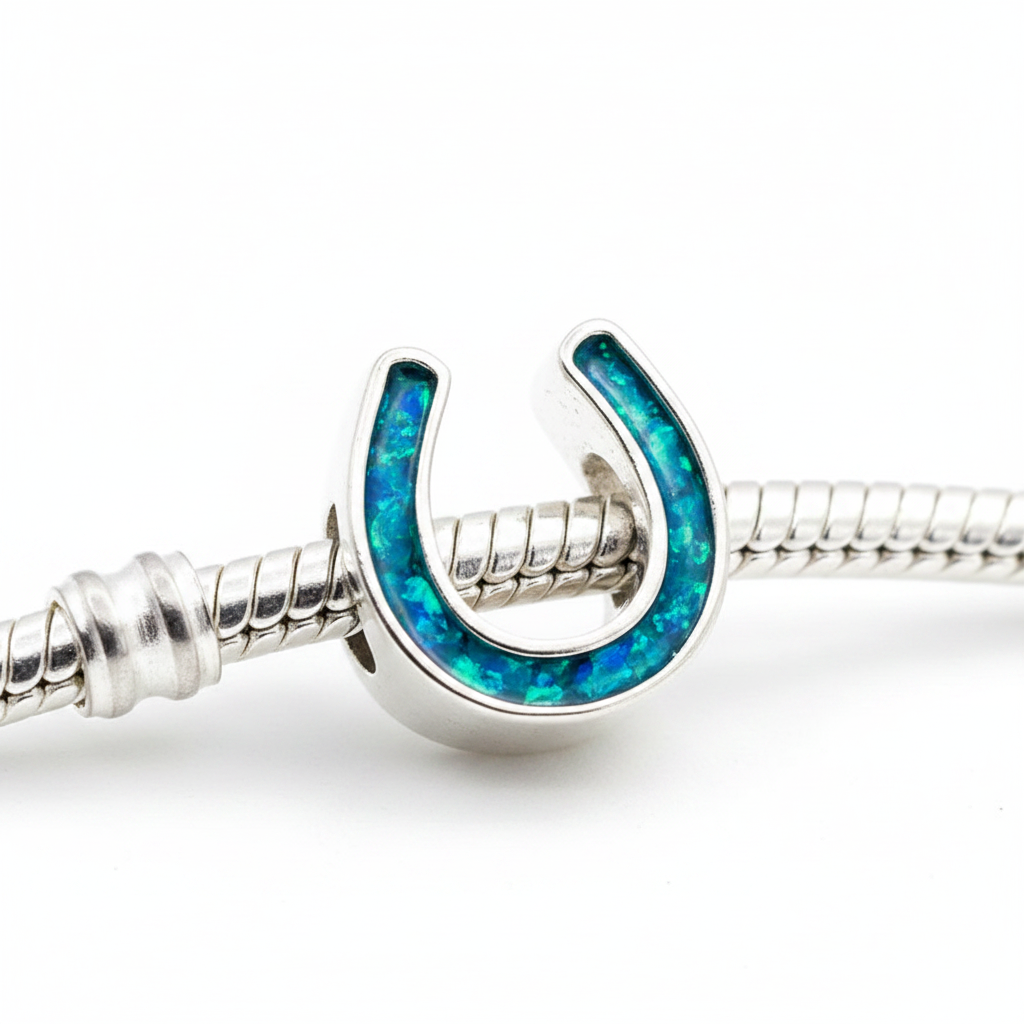Horse Shoe Bead 925 Silver Memorial Charm – blue teal opal inclusion