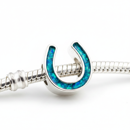 Horse Shoe Bead 925 Silver Memorial Charm – blue teal opal inclusion