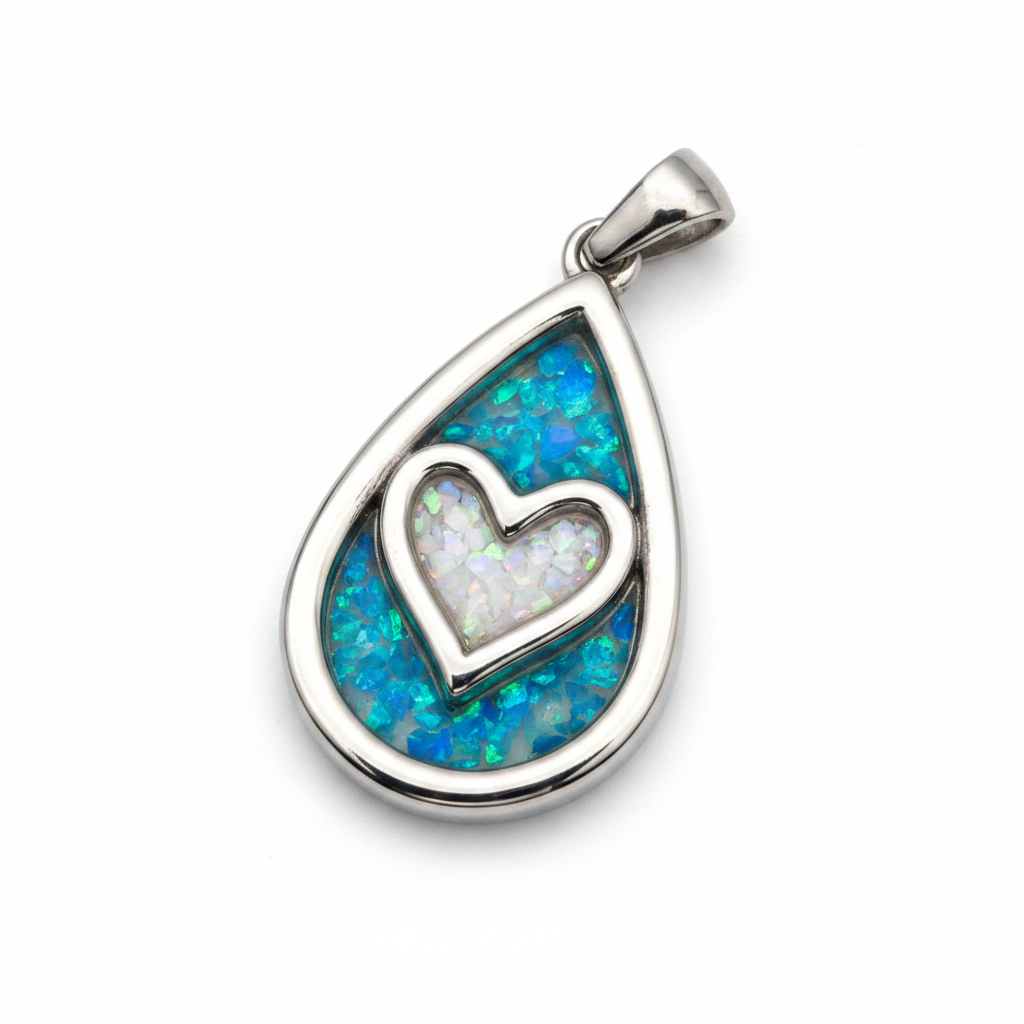 Stainless steel teardrop heart memorial pendant with blue teal opal outer and white pearl inner heart dual colour resin on white background