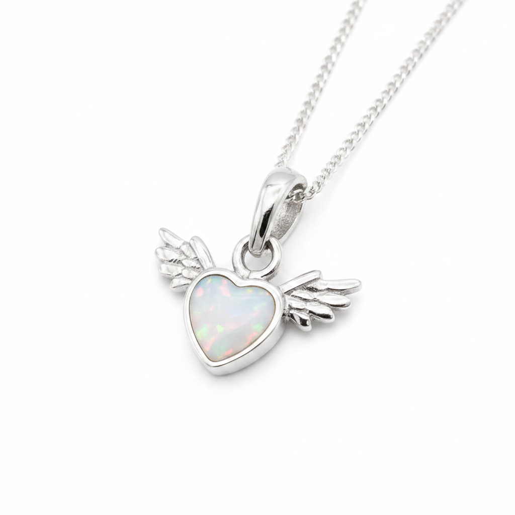 Mini cupid winged heart silver pendant with white pearl opal resin in heart, white background