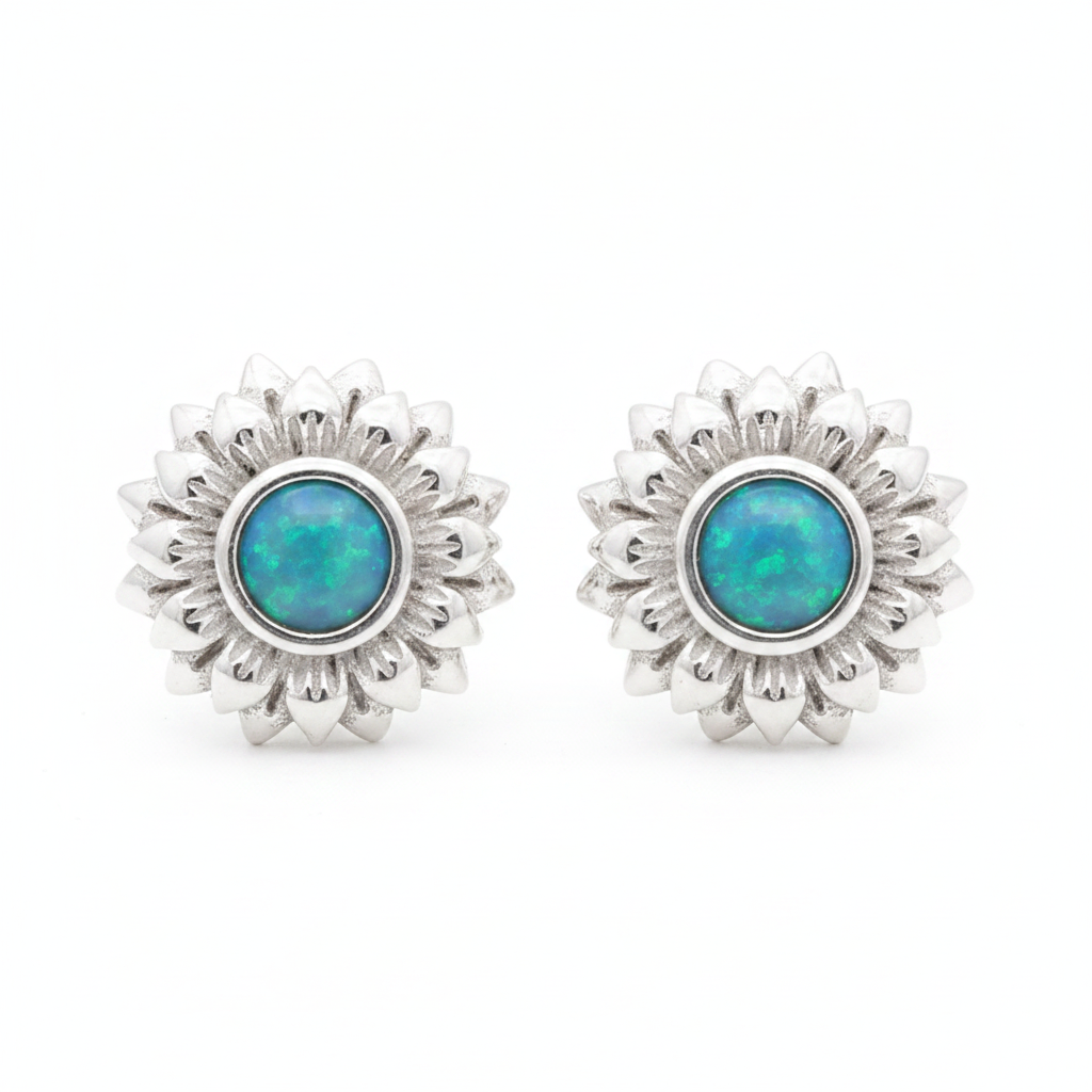 Silver 925 sunflower stud earrings — blue teal opal resin centre, white background