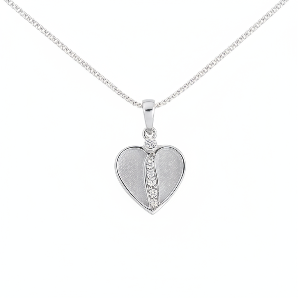 Crystal Divided Heart 925 Silver Memorial Pendant in jewellery box — white background