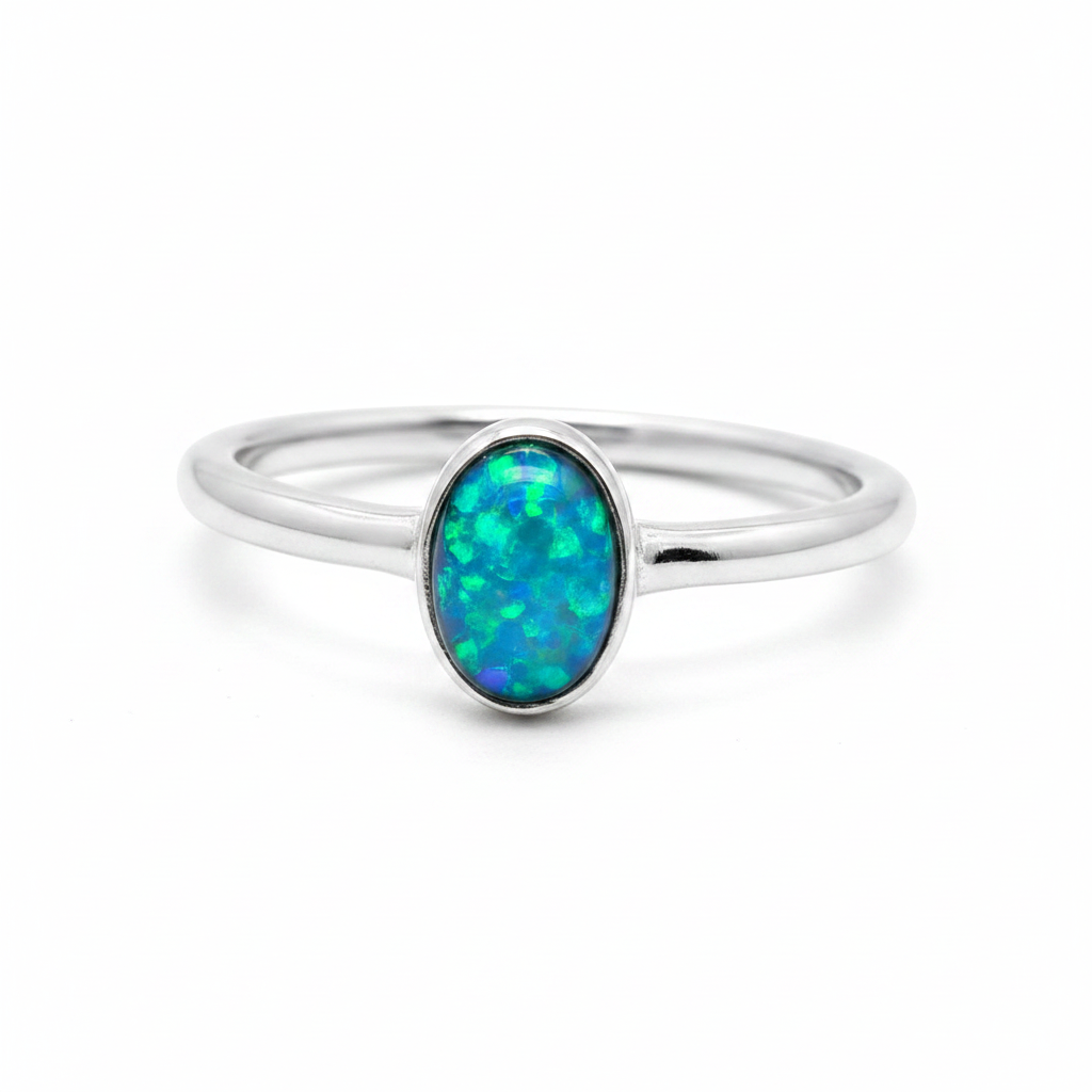 Plain Oval 925 Silver Ring with blue teal opal resin — bright polished silver, pure white background