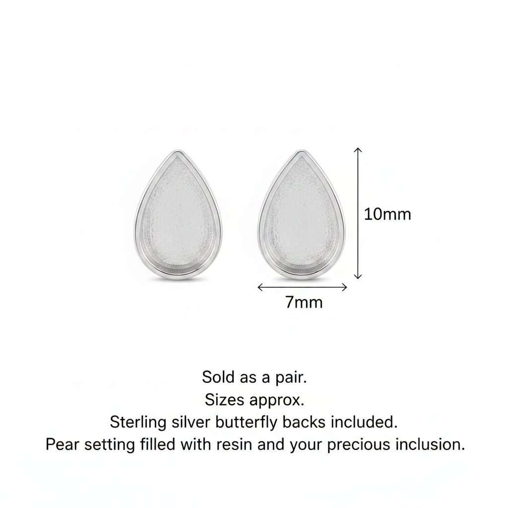 Silver 925 pear shape memorial stud earrings dimensions guide — 10x7mm pear setting, sold as pair with butterfly backs