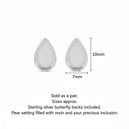 Silver 925 pear shape memorial stud earrings dimensions guide — 10x7mm pear setting, sold as pair with butterfly backs