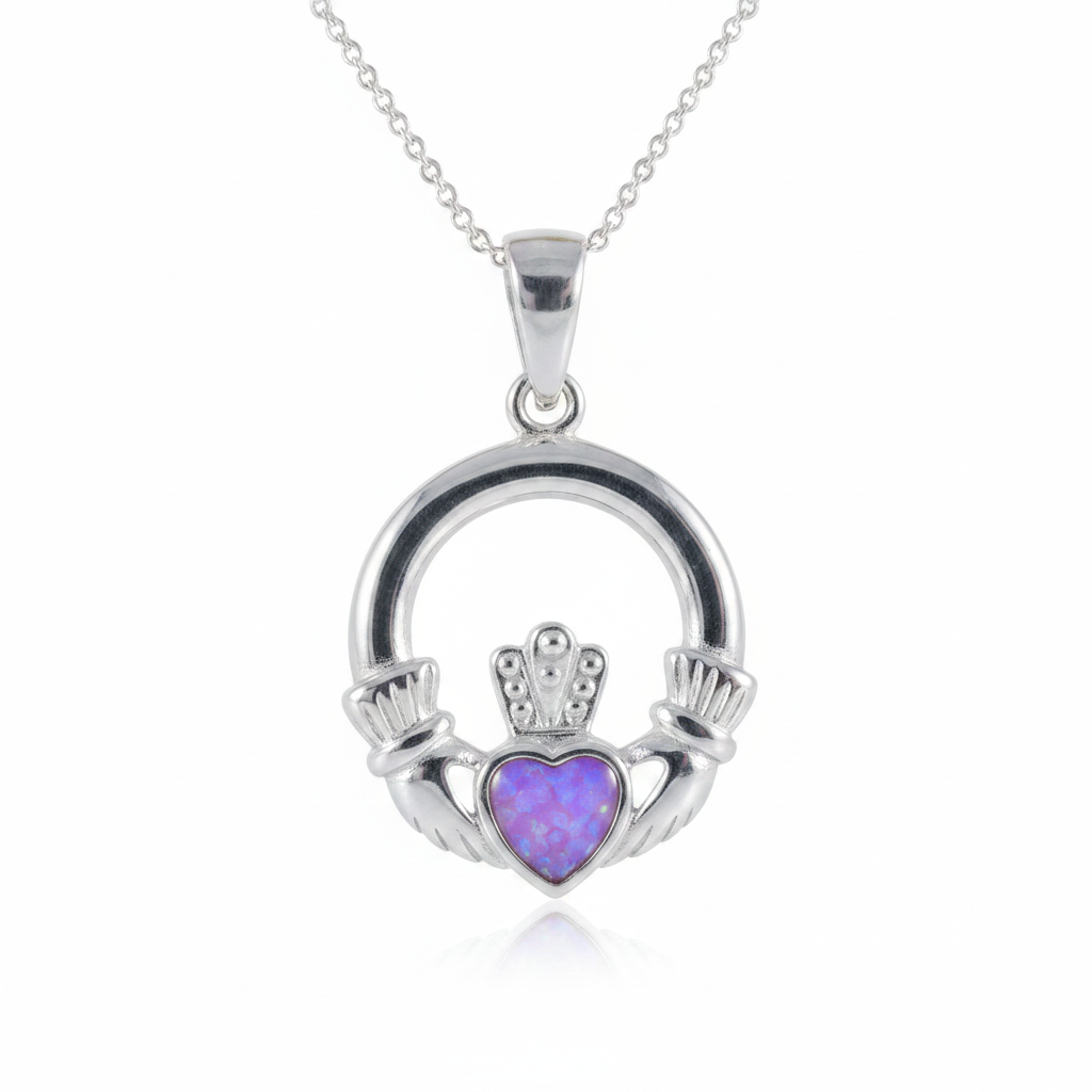 Silver 925 Claddagh memorial pendant with lavender purple opal flakes inclusion