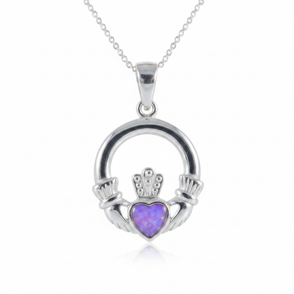 Silver 925 Claddagh memorial pendant with lavender purple opal flakes inclusion