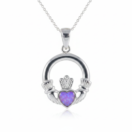 Silver 925 Claddagh memorial pendant with lavender purple opal flakes inclusion