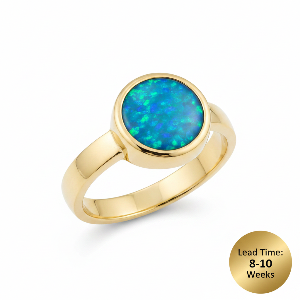 9ct yellow gold thick trim round bezel memorial ring with blue teal opal resin, matching sample shape, white background, lead time 8-10 weeks