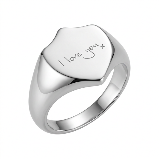 Illustrative polished shield silver signet ring with I love you x handwriting engraving