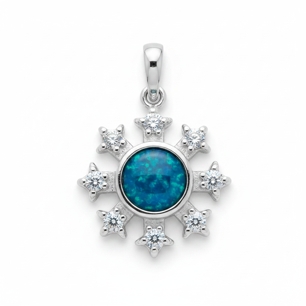 Silver 925 snowflake CZ memorial pendant — blue teal opal flakes resin in 5mm round centre setting, eight CZ star clusters in snowflake halo
