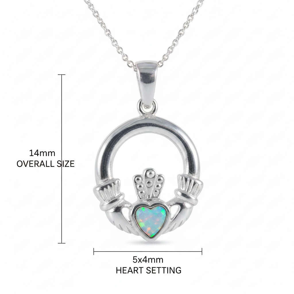 Silver 925 Claddagh memorial pendant dimensions guide — 14mm overall, 5x4mm heart setting