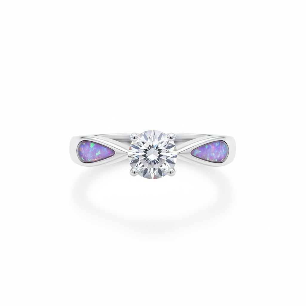 Solitaire CZ 925 silver ring with lavender purple opal resin in teardrop shoulder settings on white background