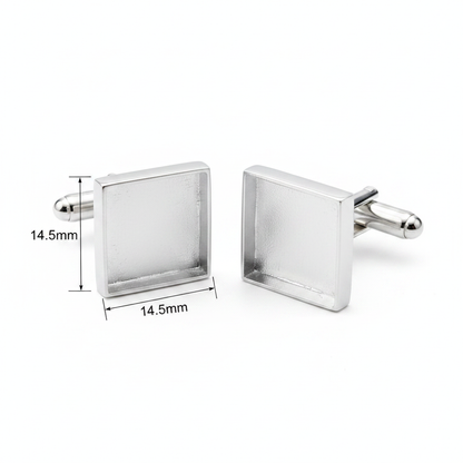 Silver 925 square cufflinks dimensions guide showing 14.5mm square stone setting