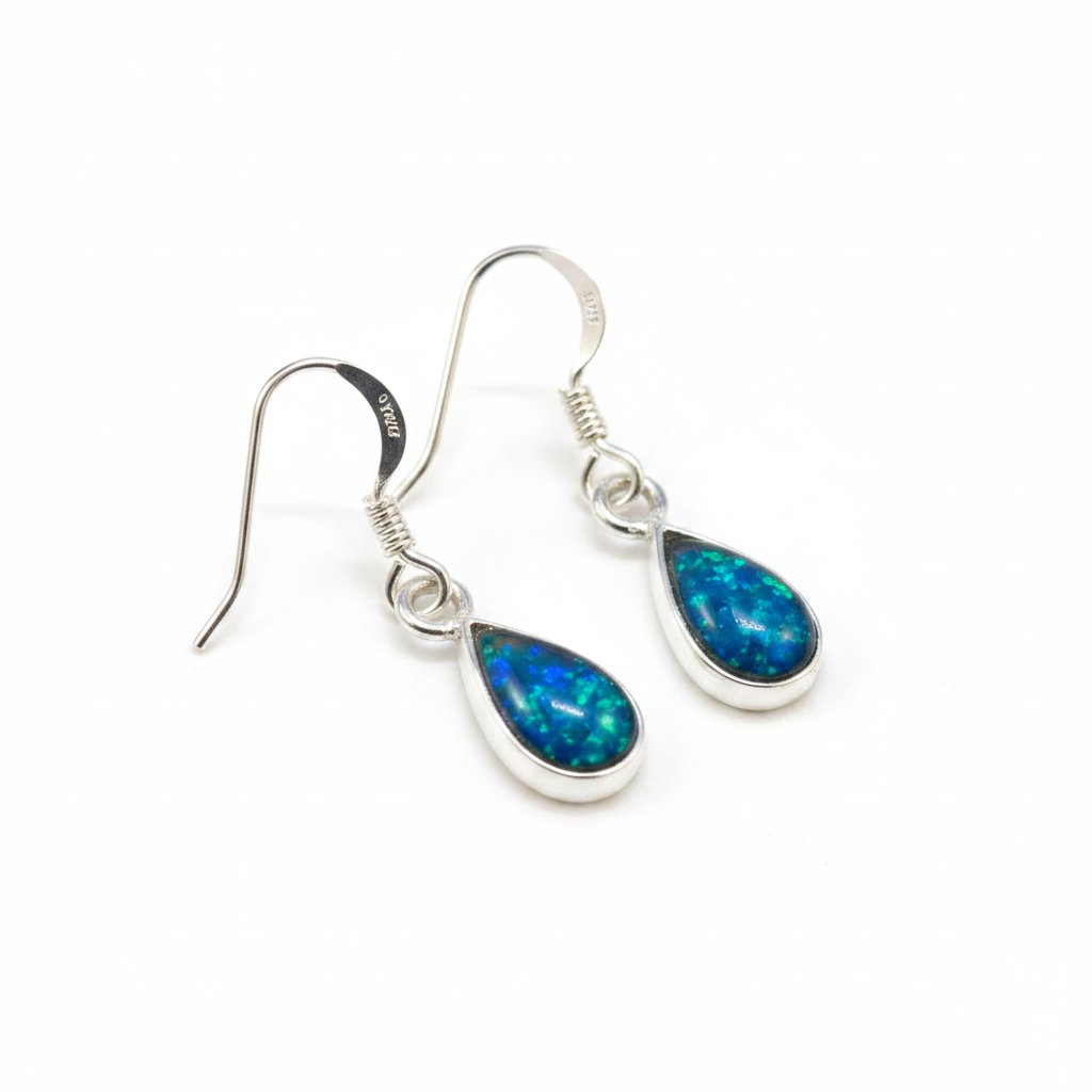 Silver 925 dainty teardrop drop earrings - blue teal opal resin