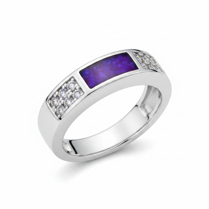 Silver 925 CZ band memorial ring — lavender purple opal flakes resin in rectangular channel setting