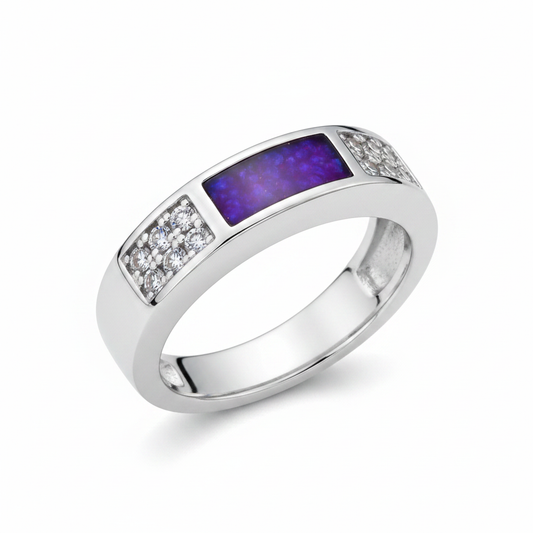 Silver 925 CZ band memorial ring — lavender purple opal flakes resin in rectangular channel setting
