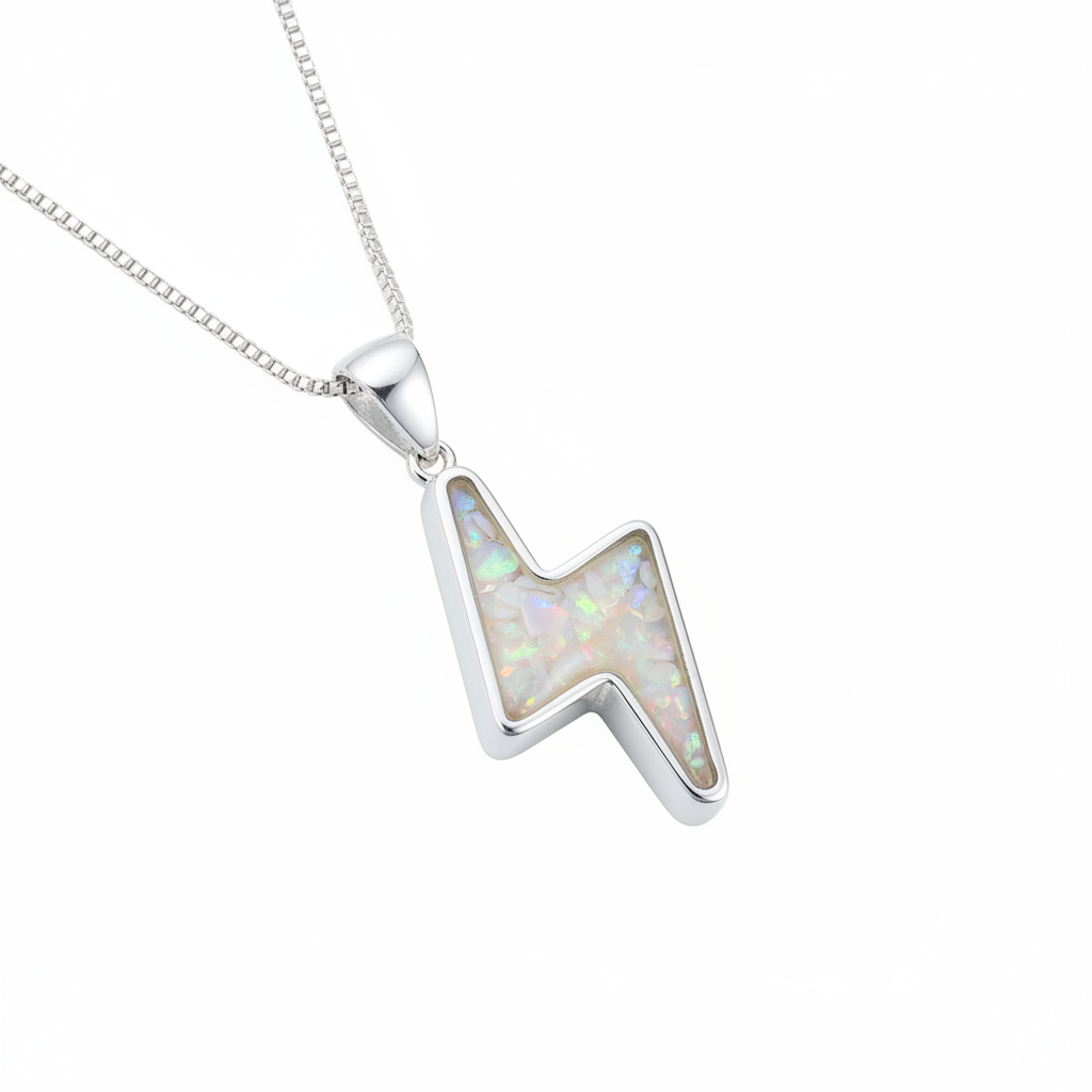 Silver 925 lightning bolt memorial pendant with white opal and mica resin on chain, white background