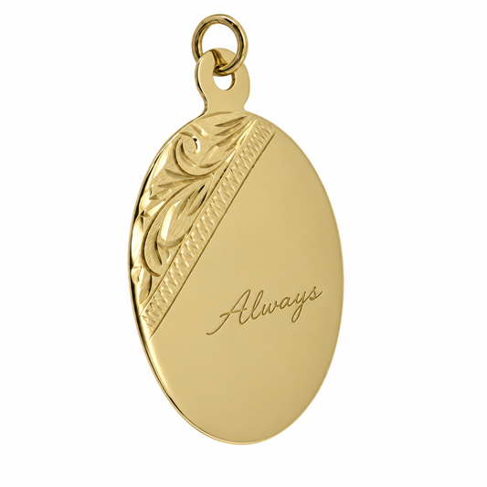 Illustrative handwriting engraved floral-panel 9ct gold oval pendant without chain; customer's engraving will differ