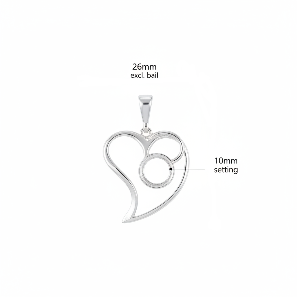 Silver 925 open swirl heart memorial pendant dimensions — 26x25mm excl. bail, 10mm round centre