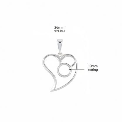 Silver 925 open swirl heart memorial pendant dimensions — 26x25mm excl. bail, 10mm round centre