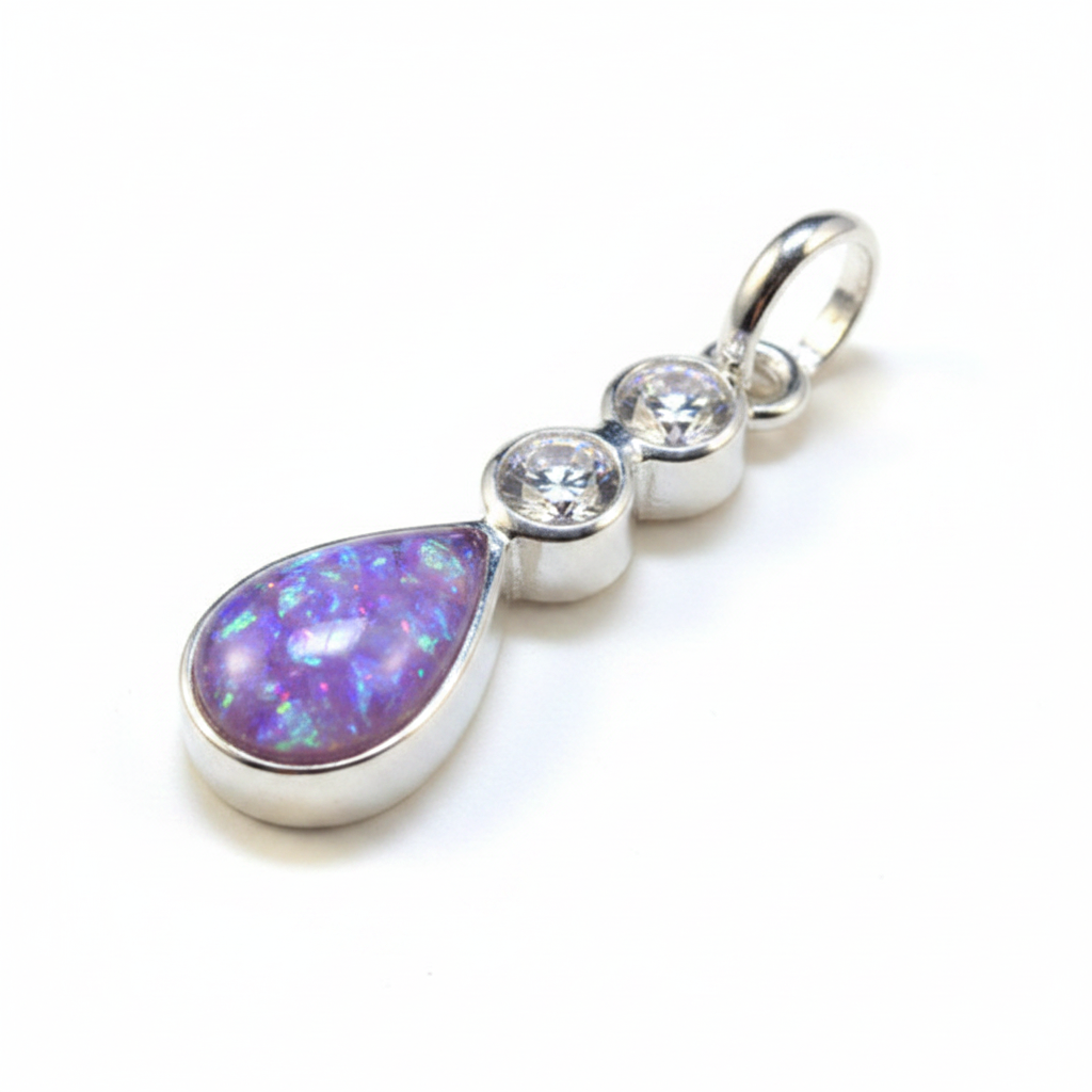 Silver 925 teardrop memorial pendant with CZ — lavender purple opal flakes domed resin inclusion