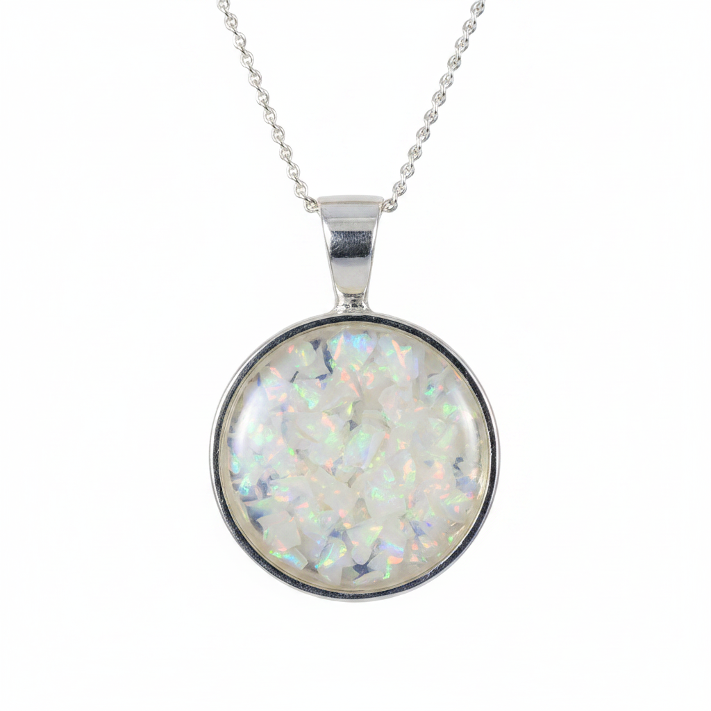Silver 925 round memorial pendant — white pearl opal flakes domed resin inclusion