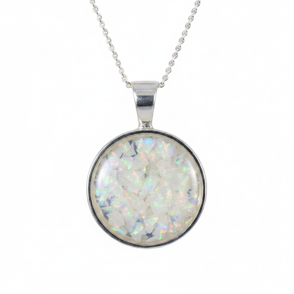 Silver 925 round memorial pendant — white pearl opal flakes domed resin inclusion