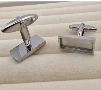 Heavy stainless steel rectangle memorial cufflink blanks showing mirror polished finish and bullet style swivel fastening