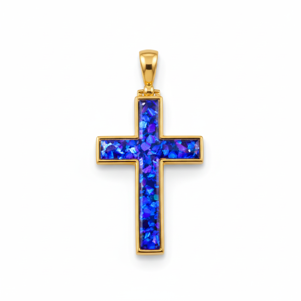 9ct gold cross memorial pendant with deep blue iridescent opal flakes – white background