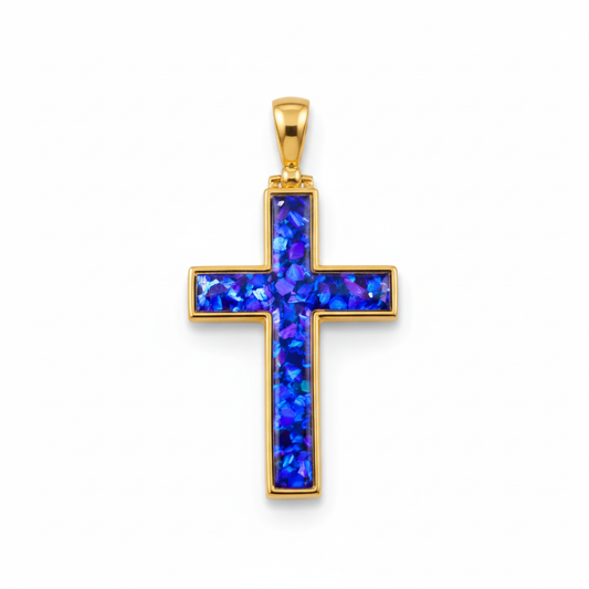 9ct gold cross memorial pendant with deep blue iridescent opal flakes – white background