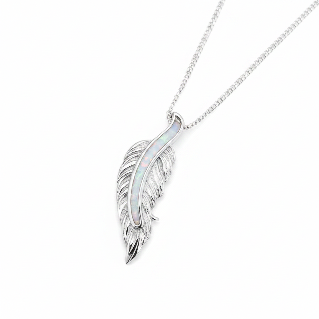 Floating feather silver pendant with white pearl opal resin spine channel, white background