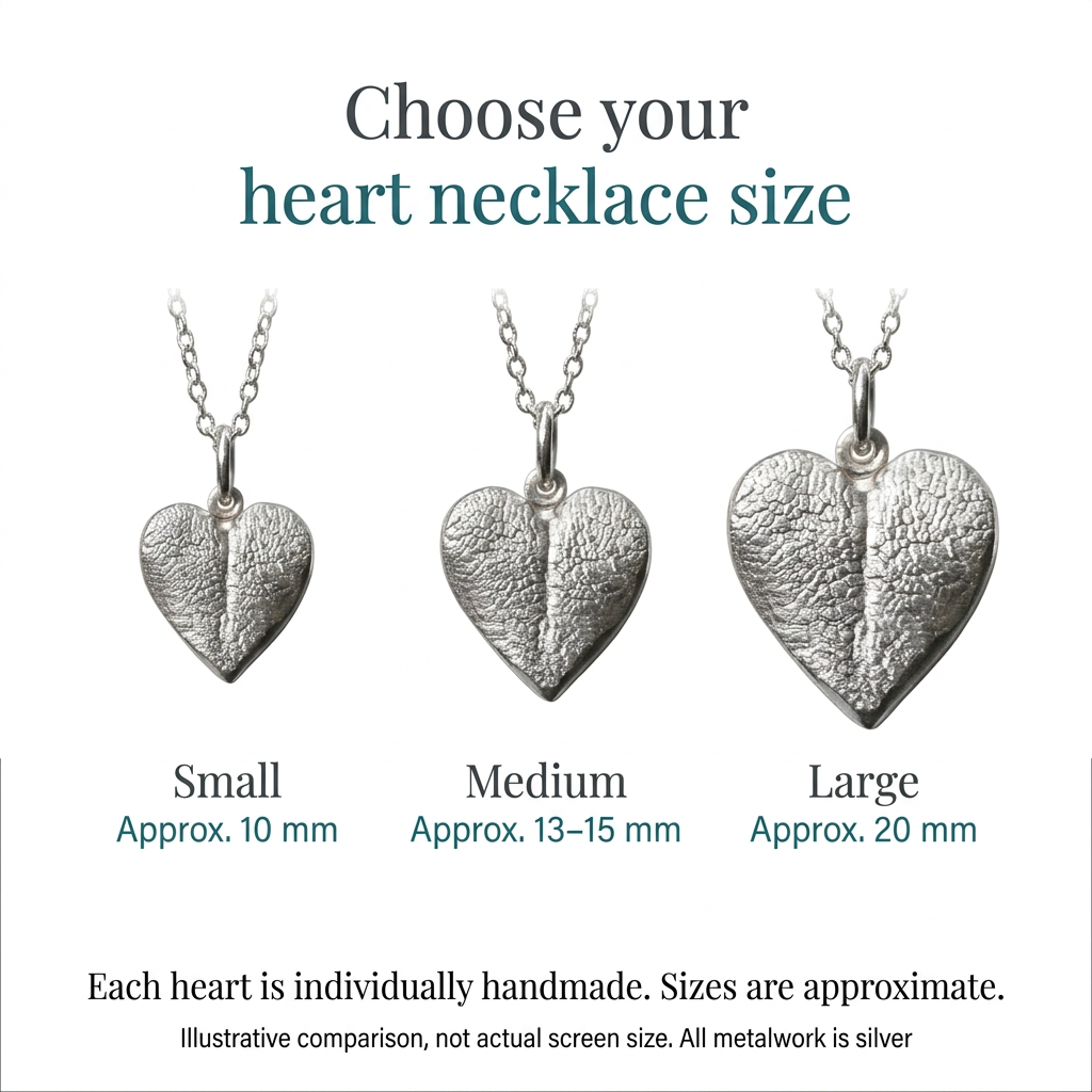Illustrative silver heart necklace size comparison: approximately 10mm, 13–15mm and 20mm, not actual screen size