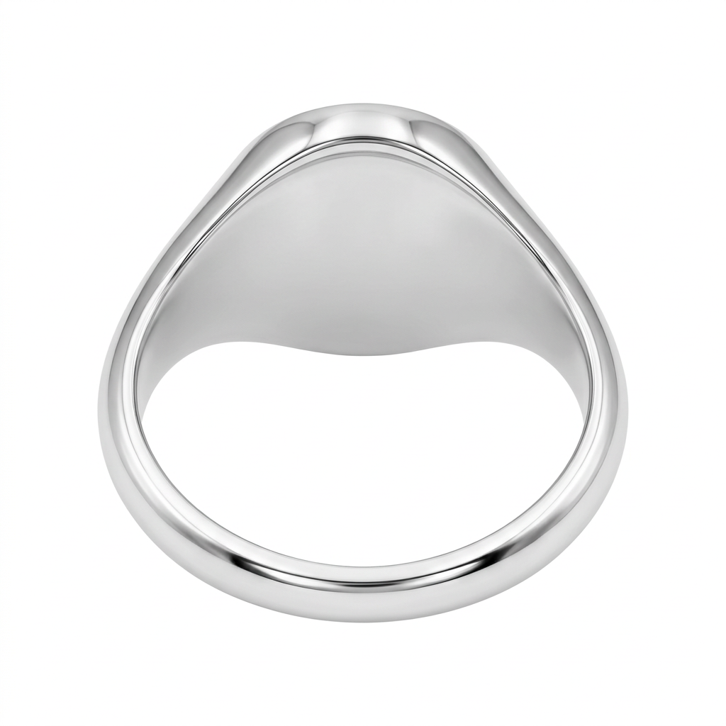 Illustrative rear view of oval silver signet ring with plain inside band