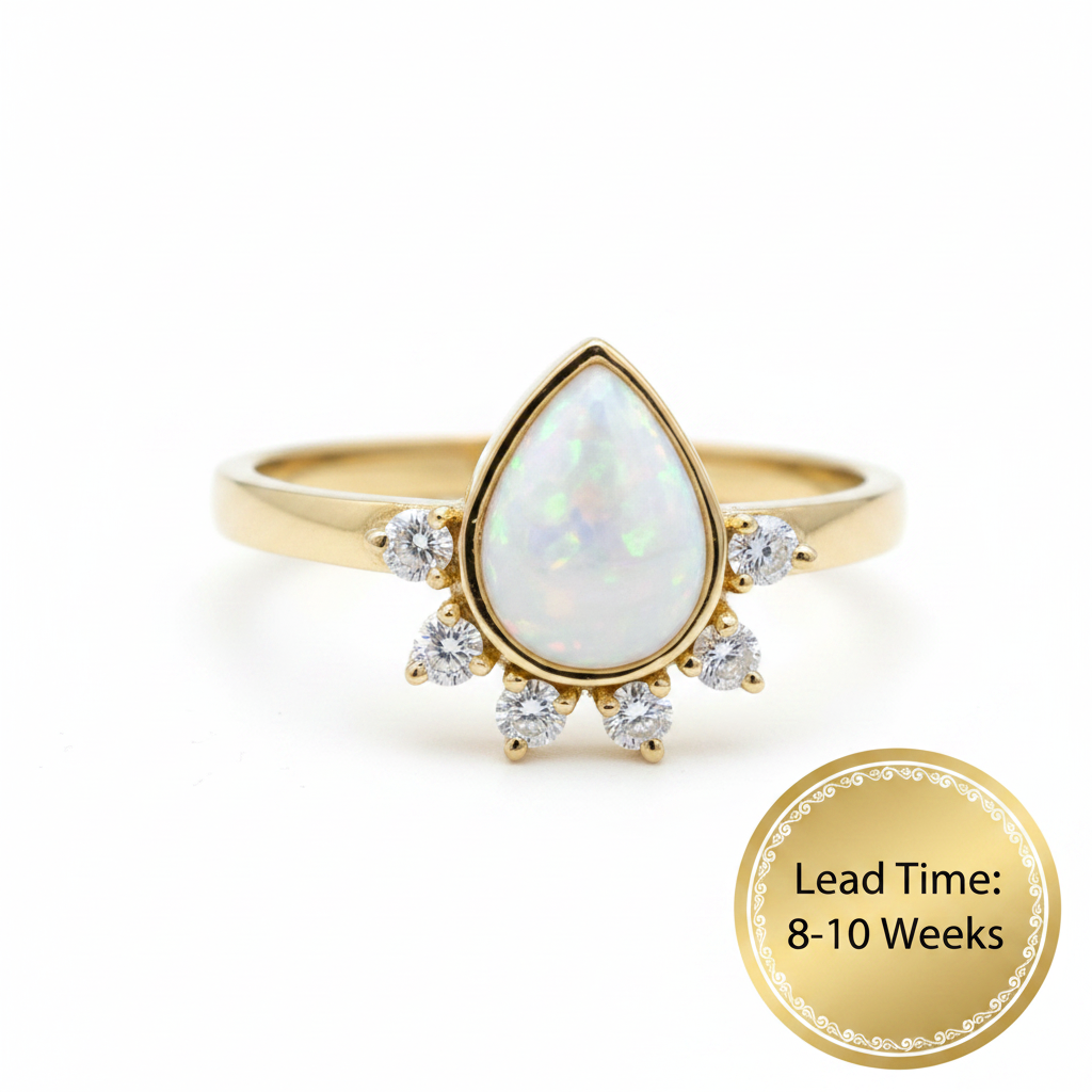 9ct gold CZ raindrop ring with white pearl opal resin, white background, lead time 8-10 weeks sticker