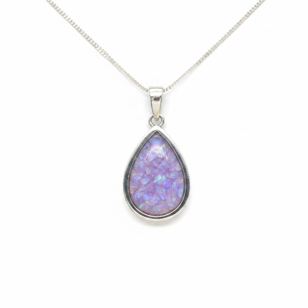 925 sterling silver teardrop pendant necklace with lavender purple opal resin inclusion on white background