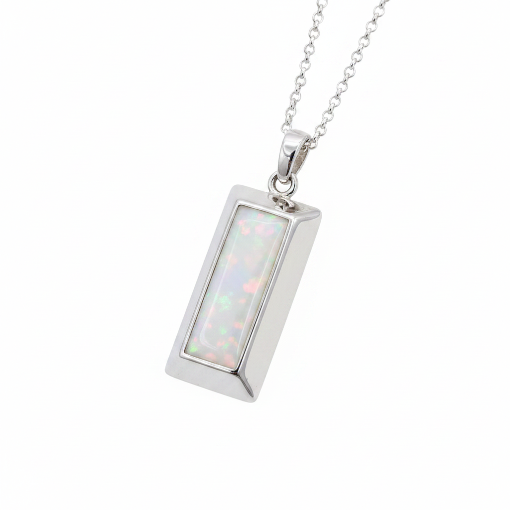 Gents 3D bullion bar silver pendant with white pearl opal resin in centre bezel, white background