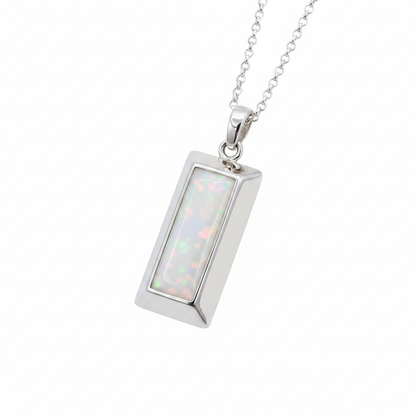Gents 3D bullion bar silver pendant with white pearl opal resin in centre bezel, white background