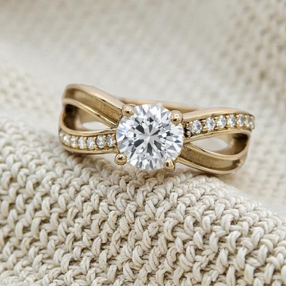 9ct yellow gold solitaire CZ infinity crossover band ring on cream knit fabric