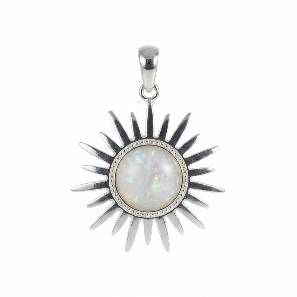 Silver 925 rising sun memorial pendant with white opal and mica, white background
