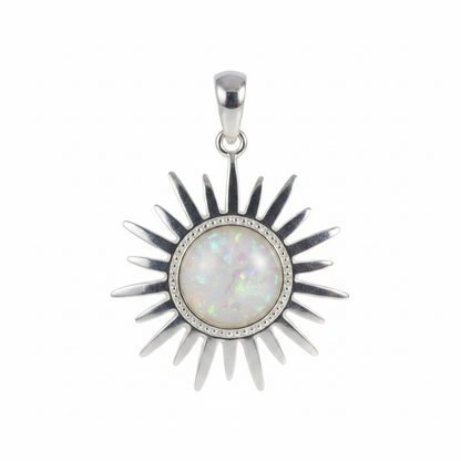 Silver 925 rising sun memorial pendant with white opal and mica, white background