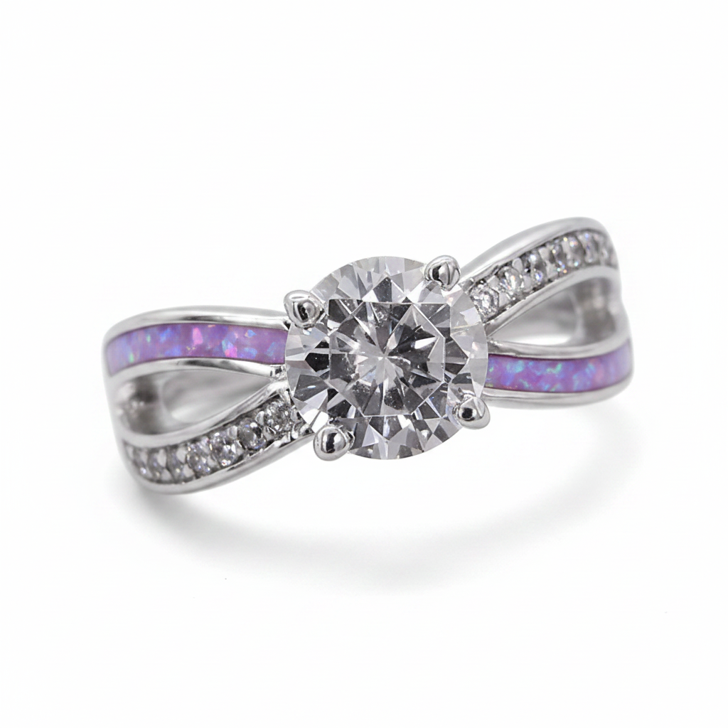 Solitaire CZ infinity 925 silver ring with lavender purple opal resin in channel on white background
