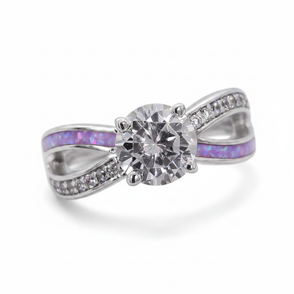 Solitaire CZ infinity 925 silver ring with lavender purple opal resin in channel on white background